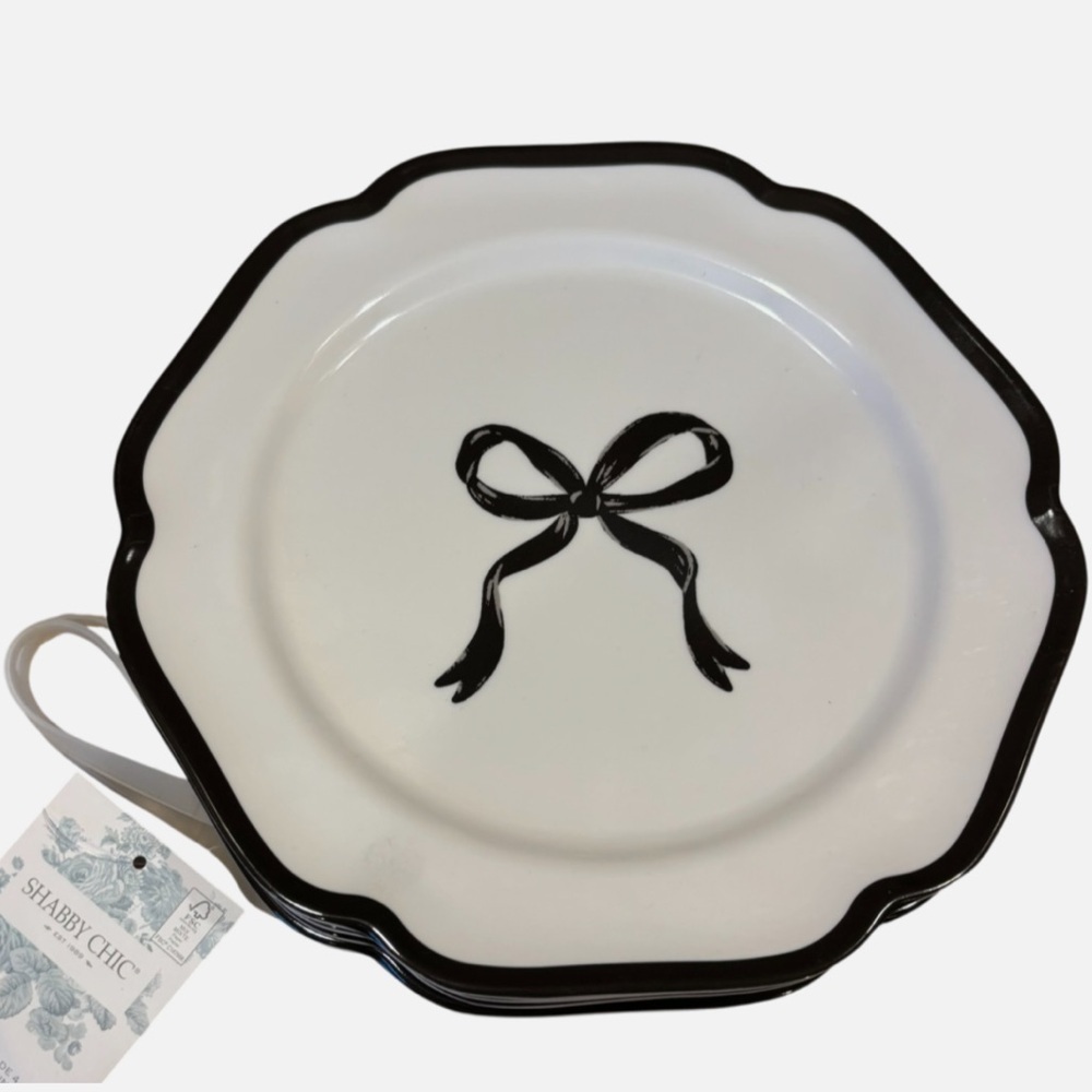 4 NEW Shabby Chic Melamine 8.5" Plates White Black Bows Scalloped Edges Set of 4